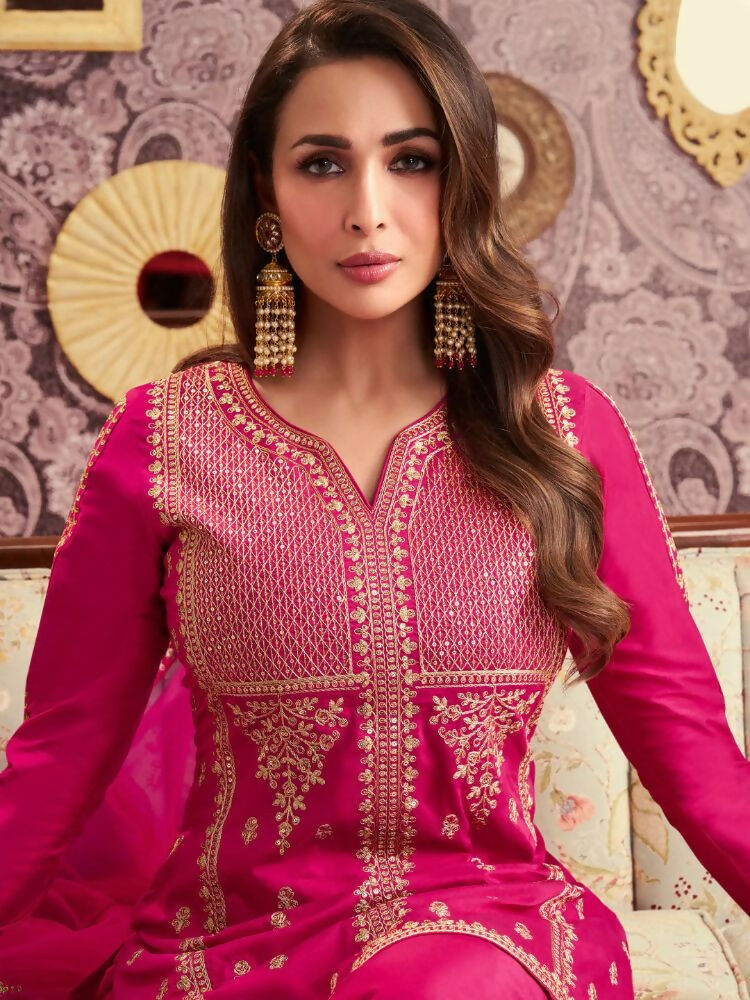 The52 Women's Beautiful Embroidery Work Chanderi Silk Fabric Straight Kurta Palazzo and Dupatta Set | Grocsy