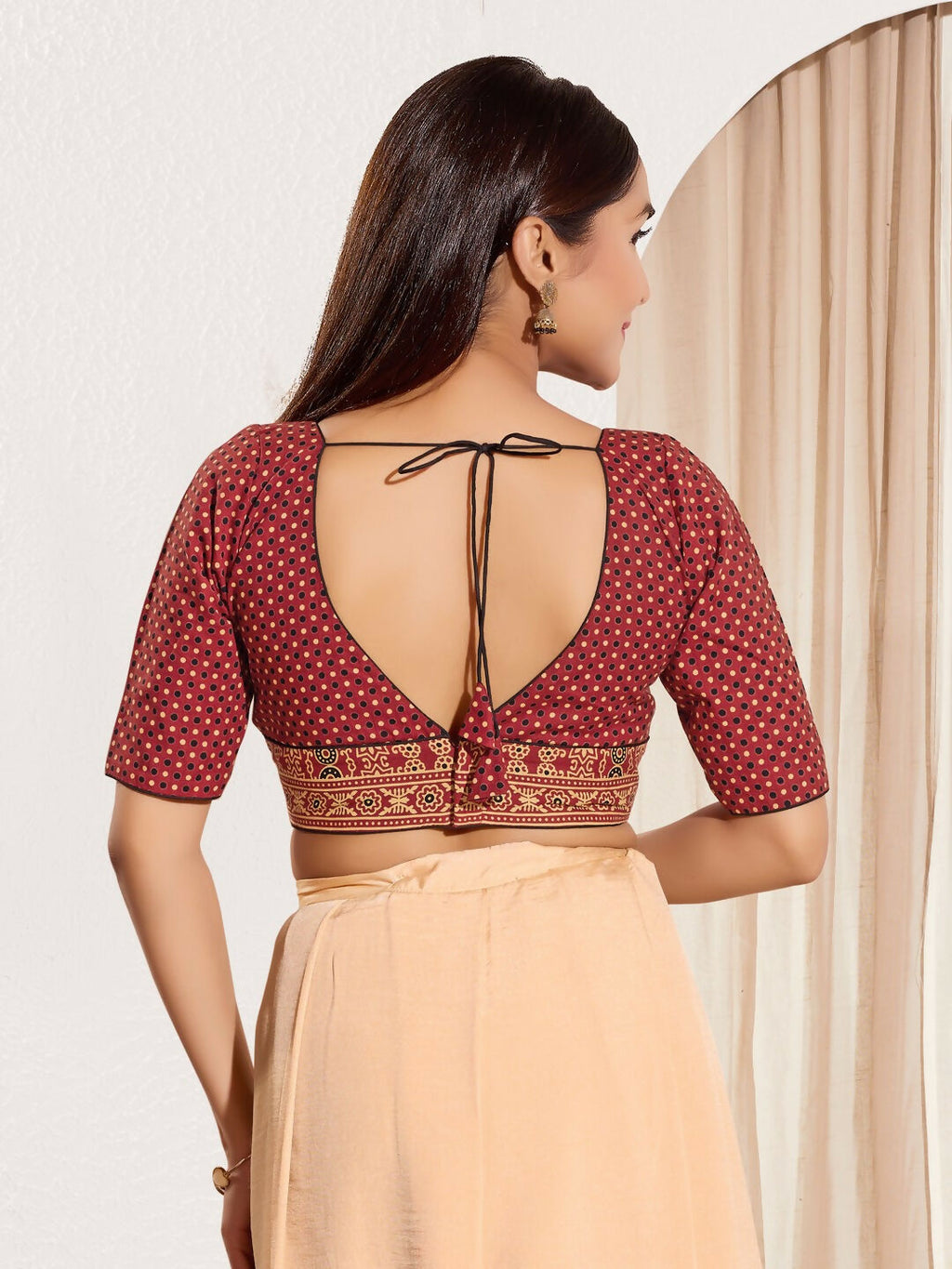 Joban Fashion Maroon Cotton Padded Blouse With V Neck Elbow Sleeves | Grocsy
