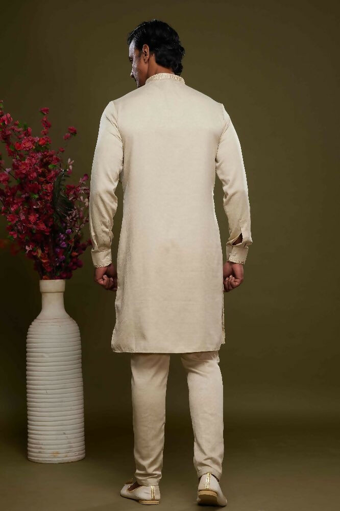 Raivat Ethnic Art Banarasi Silk Thread Work Kurta Pajama In Cream Beige Colour | Grocsy