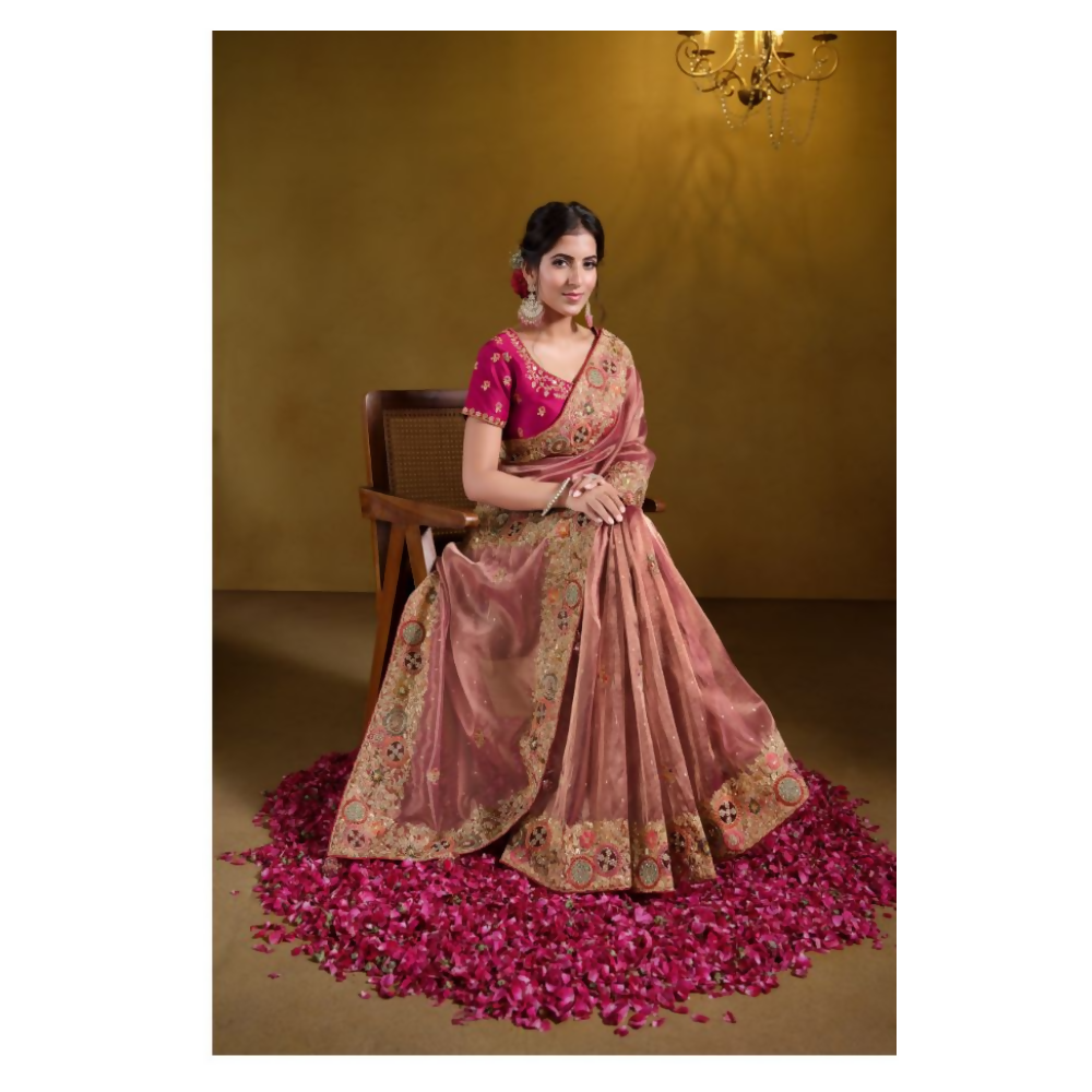 Peach Zari Organza Silk Pure Khatli work Designer Saree With Blouse. - Rajasvi | Grocsy