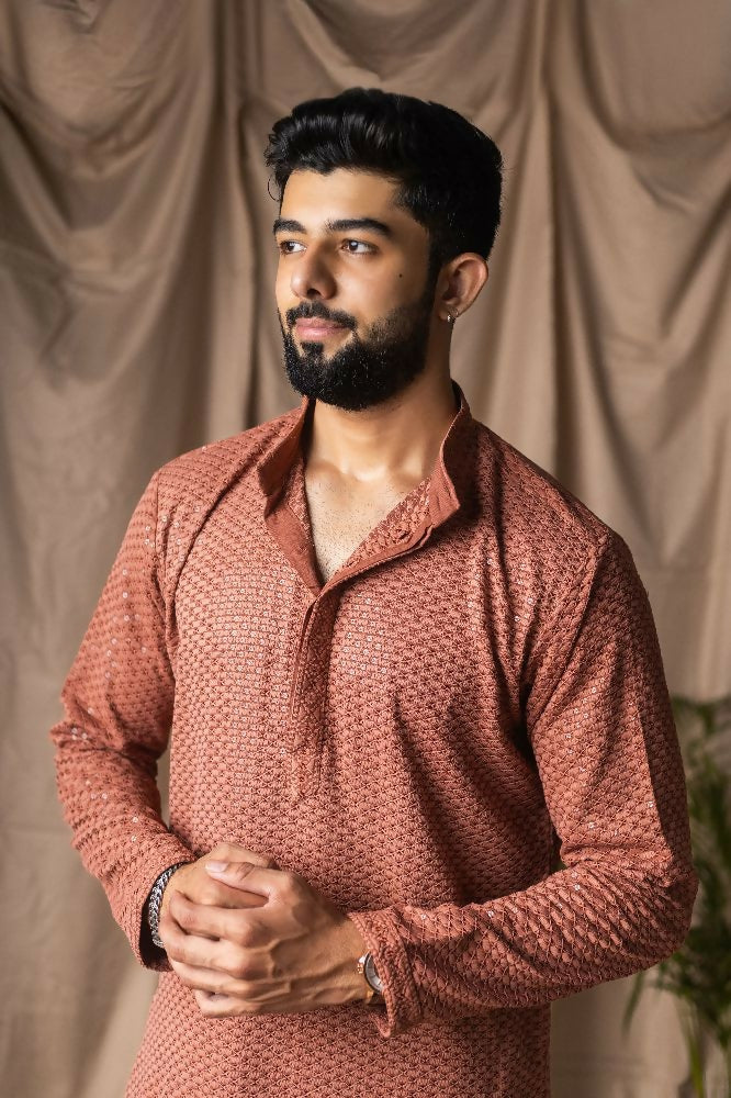 Reddish Orange Rayon Thread Embroidery Work Kurta Set - Mahotsav | Grocsy