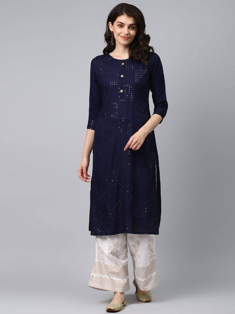 Yufta Women Navy Blue & White Solid Kurta with Palazzo | Grocsy