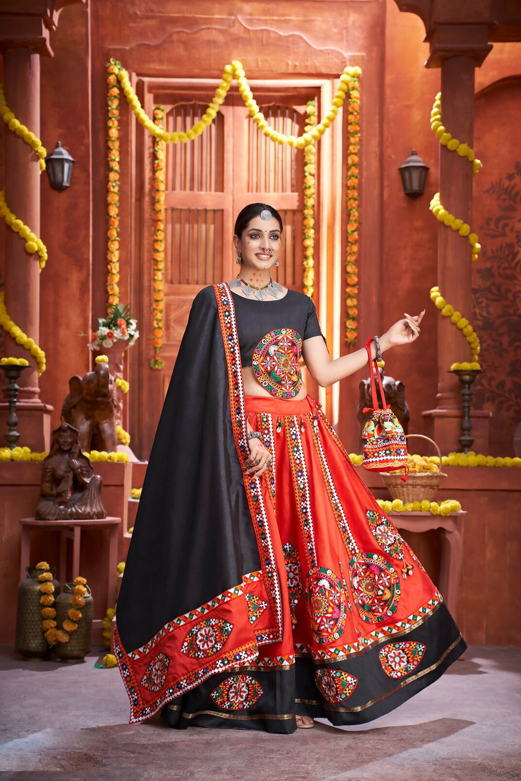 AI Fashion Red Art Silk Designer Navratri Lehenga Choli Collection | Grocsy