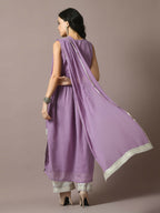 Myshka Women's Lavender Solid Georgette Anarkali Party Kurta Set With Dupatta | Grocsy