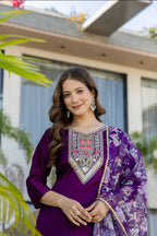 The52 Women's Gorgeous Embroidery Work Chanderi Cotton Fabric Straight Kurta Pant and Dupatta Set | Grocsy