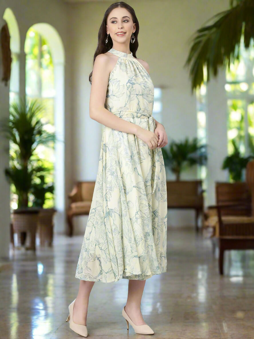 Souchii Cream & Blue Floral Chiffon Maxi Dress | Grocsy