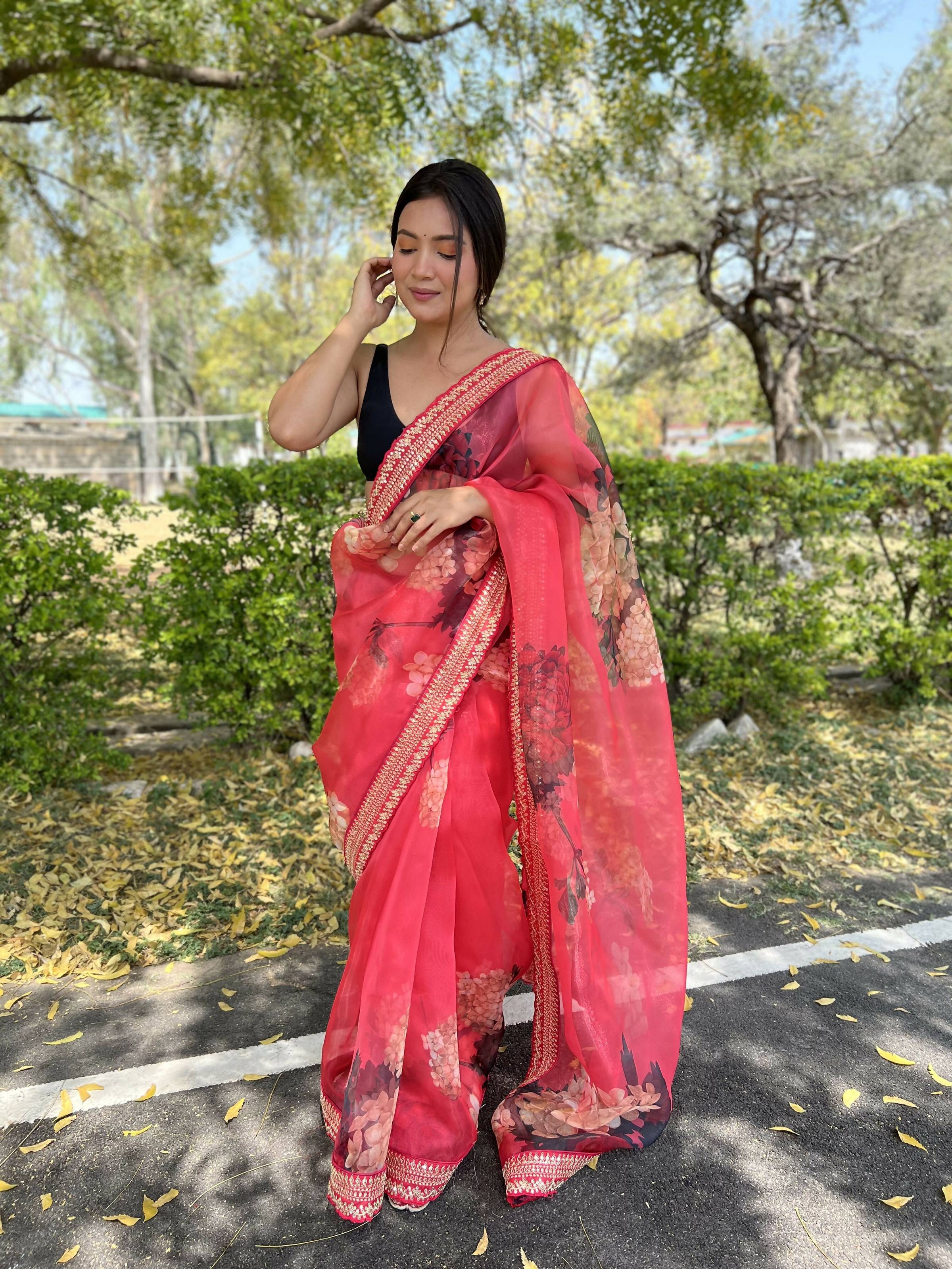 Vamsee Kali Patti Red Organza Saree | Grocsy