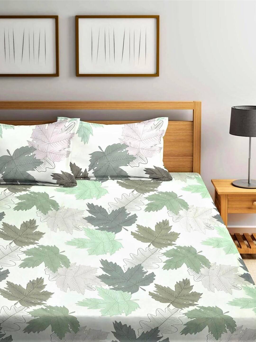 Home Sizzler White & Green Floral 210 TC Bedsheet with Pillow Covers | Grocsy