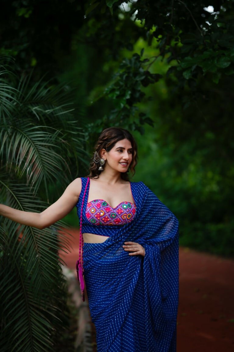 Amodini Designer Studio Women's Blue Chinon Lehriya Sleeveless Blouse | Grocsy