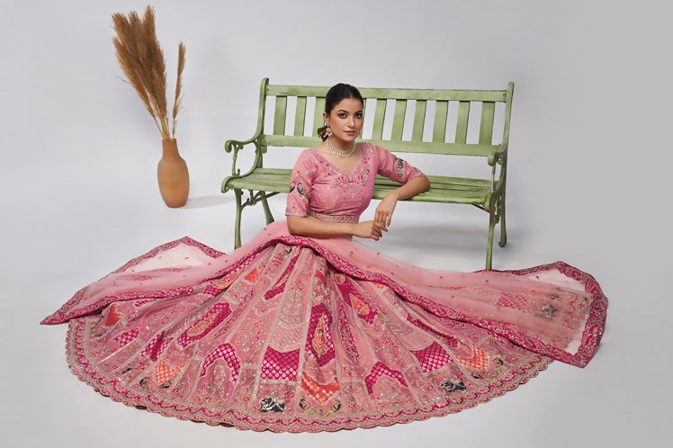Kesar Fab Pink Silk Embroidered Lehenga | Grocsy
