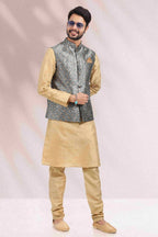 Raivat Ethnic Jacquard Banarasi Silk Woven Work 3 Pics Jacket Set In Grey Colour | Grocsy