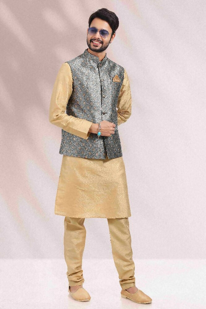 Raivat Ethnic Jacquard Banarasi Silk Woven Work 3 Pics Jacket Set In Grey Colour | Grocsy