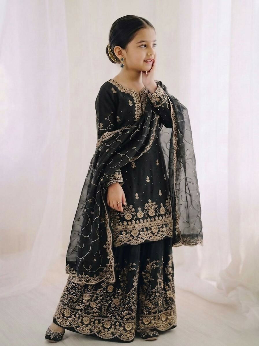 Teeya Creation Girls Heavy Embroidery Black Ethnic Kurta And Palazzo Set With Net Dupatta | Grocsy