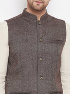 Even Apparels Brown Wool Men Woven Nehru Jacket | Grocsy