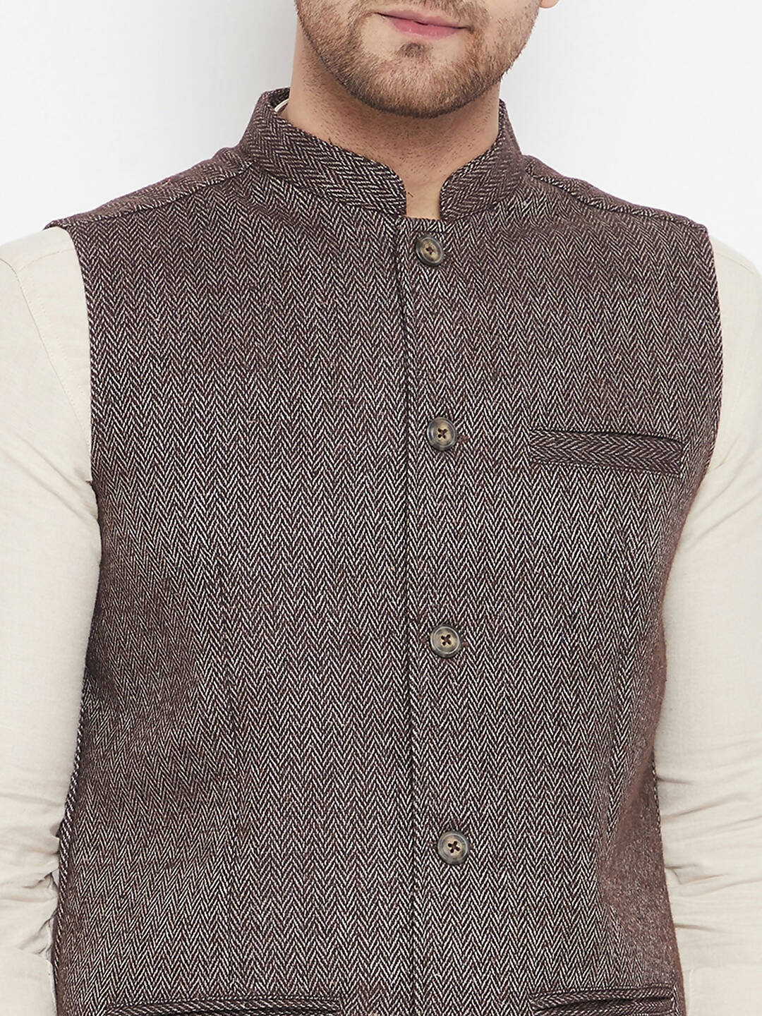 Even Apparels Brown Wool Men Woven Nehru Jacket | Grocsy