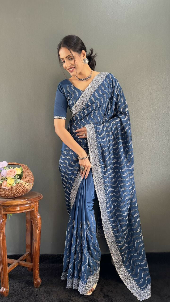 Vastranavya Sea Blue Chinnon Silk Embroidery Multi Sequence & Arco Cut Work Ready to Wear Saree | Grocsy