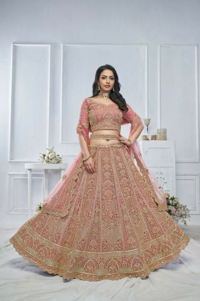 Kesar Fab Onion Net Embroidered Lehenga | Grocsy
