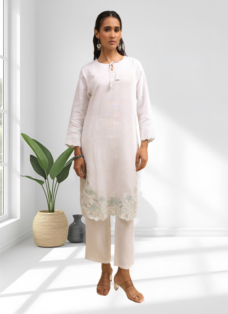 Joban Fashion Off White Linen Embroidered Readymade Cord Set | Grocsy