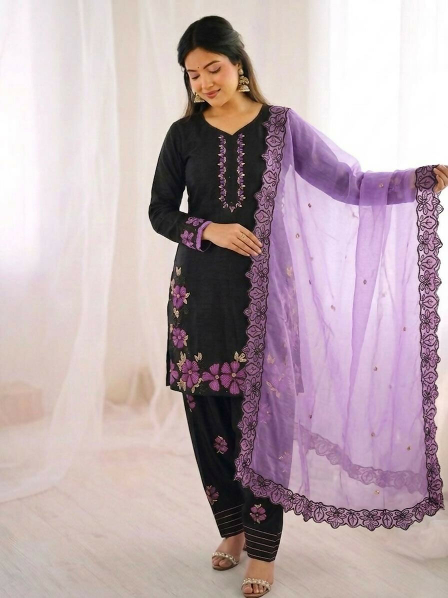 Teeya Creation Women's Fancy Stylish Heavy Embroidery Sequence Work With Rivet Moti Work Lavender Kurta Set | Grocsy