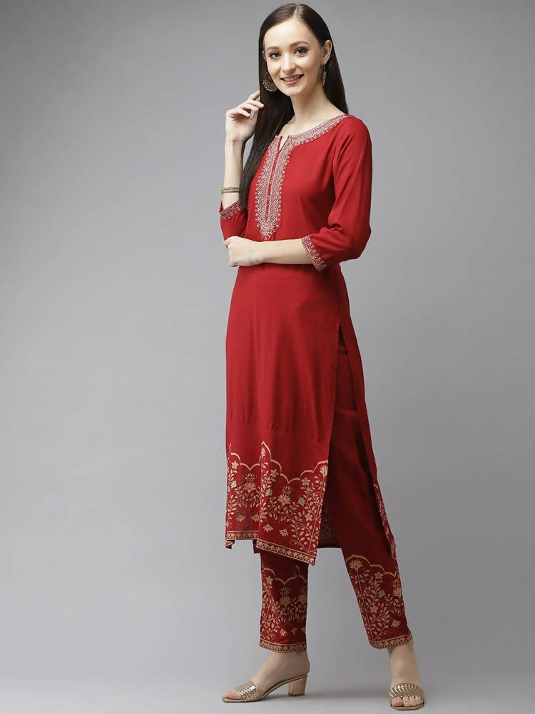 Yufta Women Maroon Ethnic Motifs Yoke Design Regular Thread Work Kurta with Palazzo & With Dupatta | Grocsy