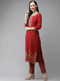 Yufta Women Maroon Ethnic Motifs Yoke Design Regular Thread Work Kurta with Palazzo & With Dupatta | Grocsy