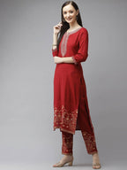 Yufta Women Maroon Ethnic Motifs Yoke Design Regular Thread Work Kurta with Palazzo & With Dupatta | Grocsy