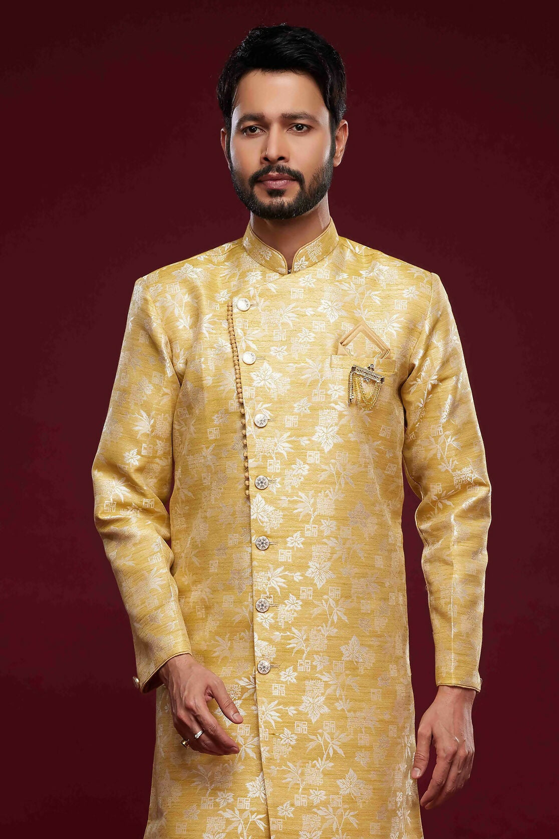Raivat Ethnic Banarasi Jacquard Embroidery Semi Indo Western Sherwani In Cream Beige Colour | Grocsy