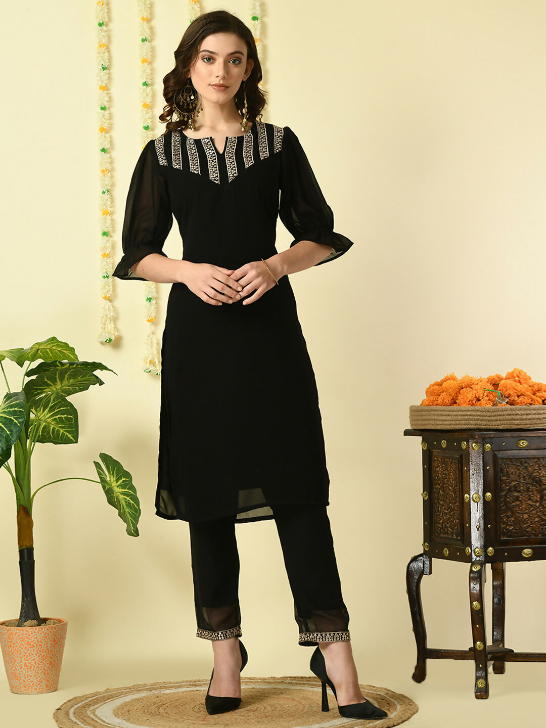 Myshka Women's Black Georgette Kurta With Trousers Party Sets | Grocsy