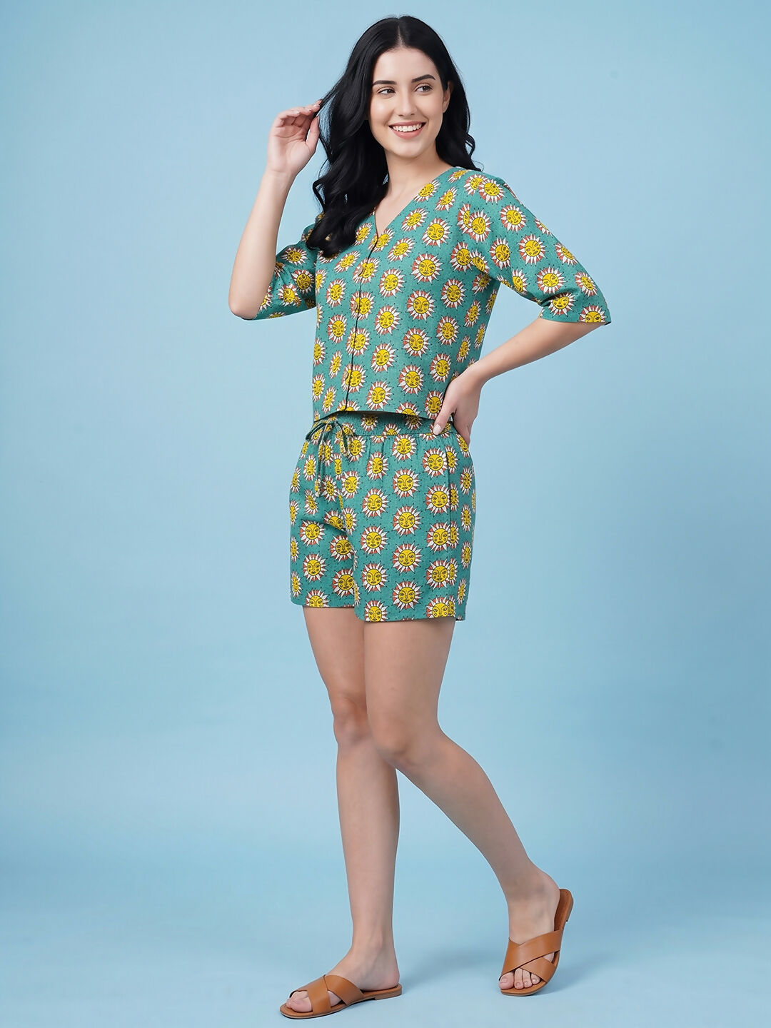 Breathables Woven Cotton Half Sleeves Sun Shorts Set Blue | Grocsy