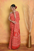 Very Much Indian Handblock Printed Cotton Saree With Natural Dyes - Orange | Grocsy