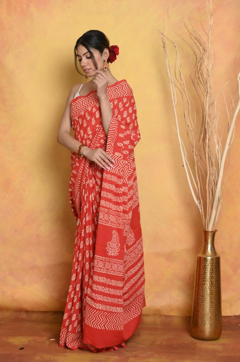 Very Much Indian Handblock Printed Cotton Saree With Natural Dyes - Orange | Grocsy
