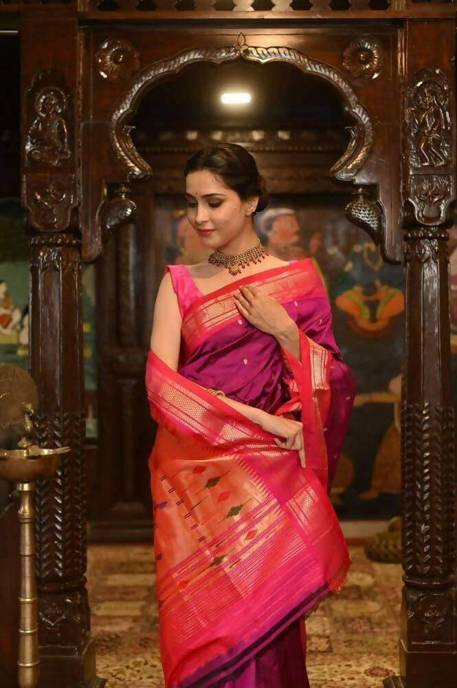 Very Much Indian Pure Silk Paithani With Most Magenta With Contrast Pink | Grocsy