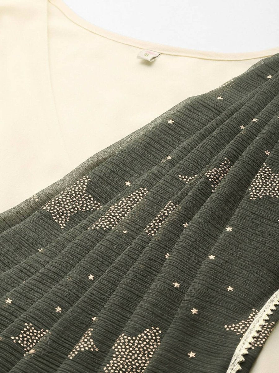 Ahalyaa Off White & Olive Green Ethnic Maxi Dress with Attached Dupatta | Grocsy