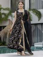 The52 Black Women's Gorgeous Printed Muslin Fabric Flared Kurta Pant and Dupatta Set | Grocsy