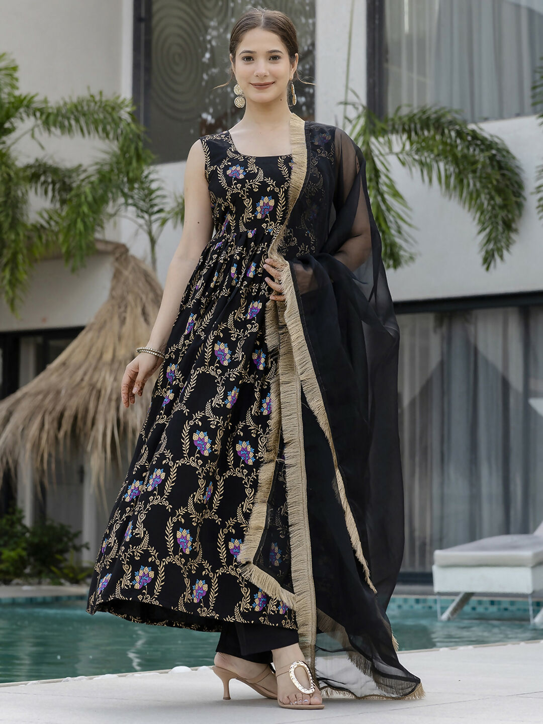 The52 Black Women's Gorgeous Printed Muslin Fabric Flared Kurta Pant and Dupatta Set | Grocsy