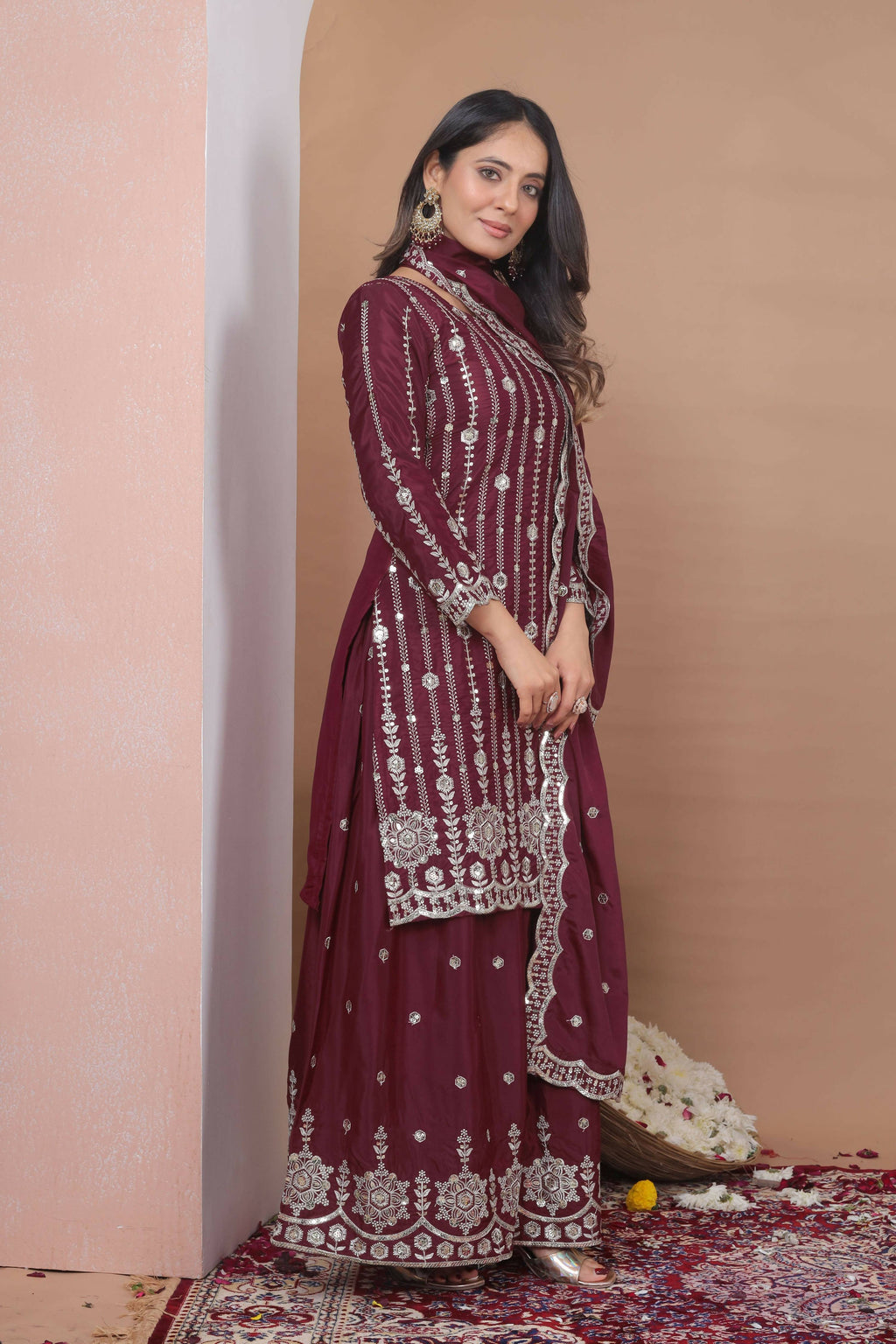 The52 Women's Gorgeous Embroidery Work Natural Crepe Fabric Straight Kurta Sharara and Dupatta Set-Maroon | Grocsy