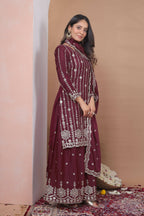The52 Women's Gorgeous Embroidery Work Natural Crepe Fabric Straight Kurta Sharara and Dupatta Set-Maroon | Grocsy