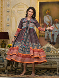 Juniper Women's Black Ethnic Motif Printed Cotton Dress With Coins Thread & Mirror Work | Grocsy