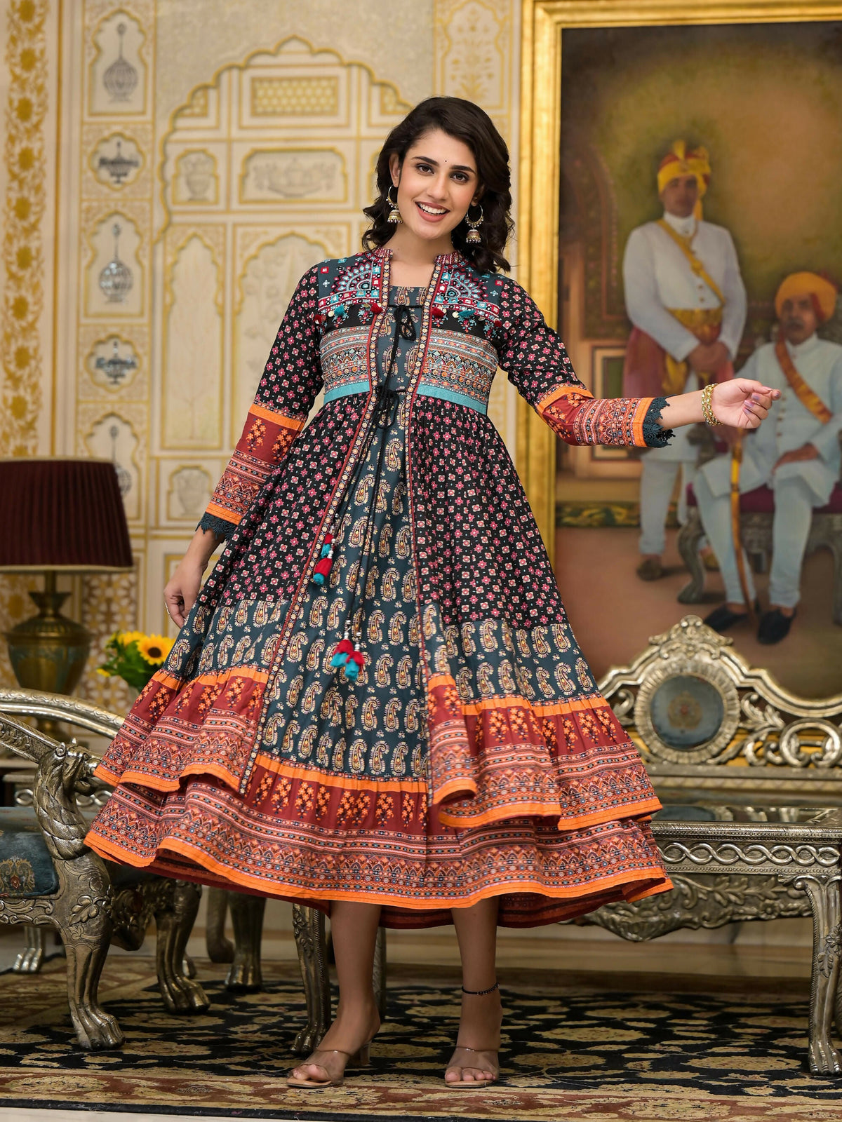 Juniper Women's Black Ethnic Motif Printed Cotton Dress With Coins Thread & Mirror Work | Grocsy