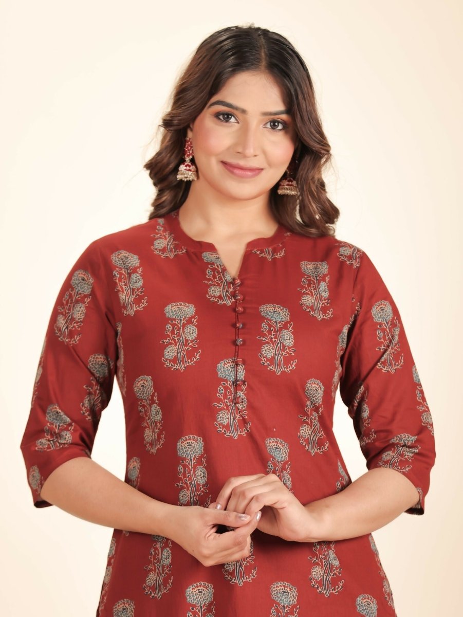 Aramya Maroon Soft Cotton Floral Straight Kurta for Women | Grocsy