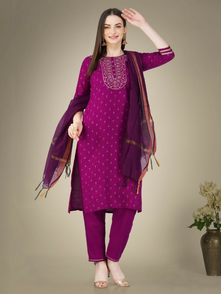 Jyoti Fashion Women's Purple Cotton Magic Slub Embroidery & Sequence work Kurta with Trouser & Dupatta | Grocsy