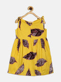 Manet Girls Cotton String Tie Frock Brown Leaf Printed - Yellow | Grocsy
