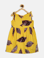 Manet Girls Cotton String Tie Frock Brown Leaf Printed - Yellow | Grocsy
