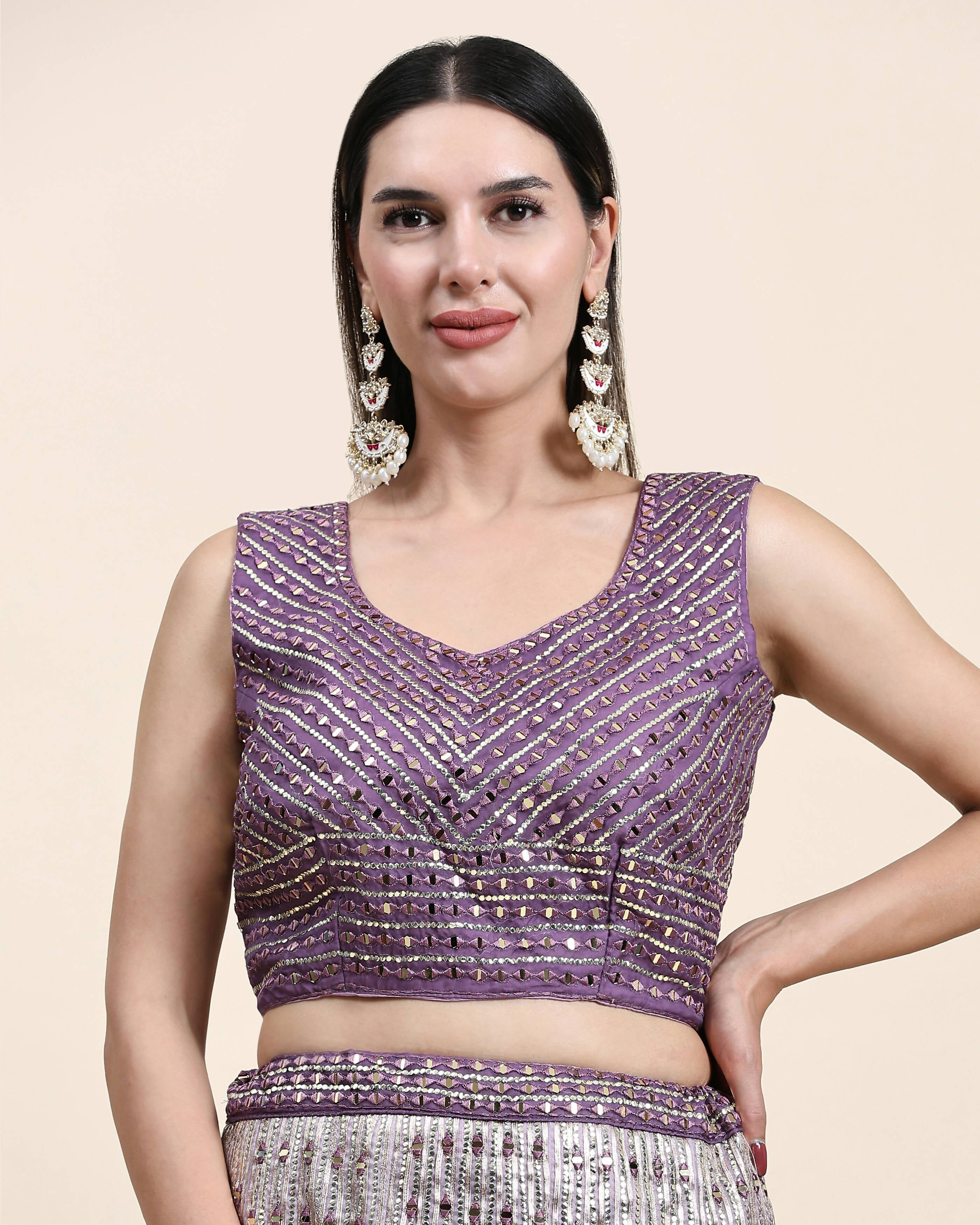 Lavender Organza Mirror With Coding Work Lehenga Choli with Dupatta - Tanya | Grocsy