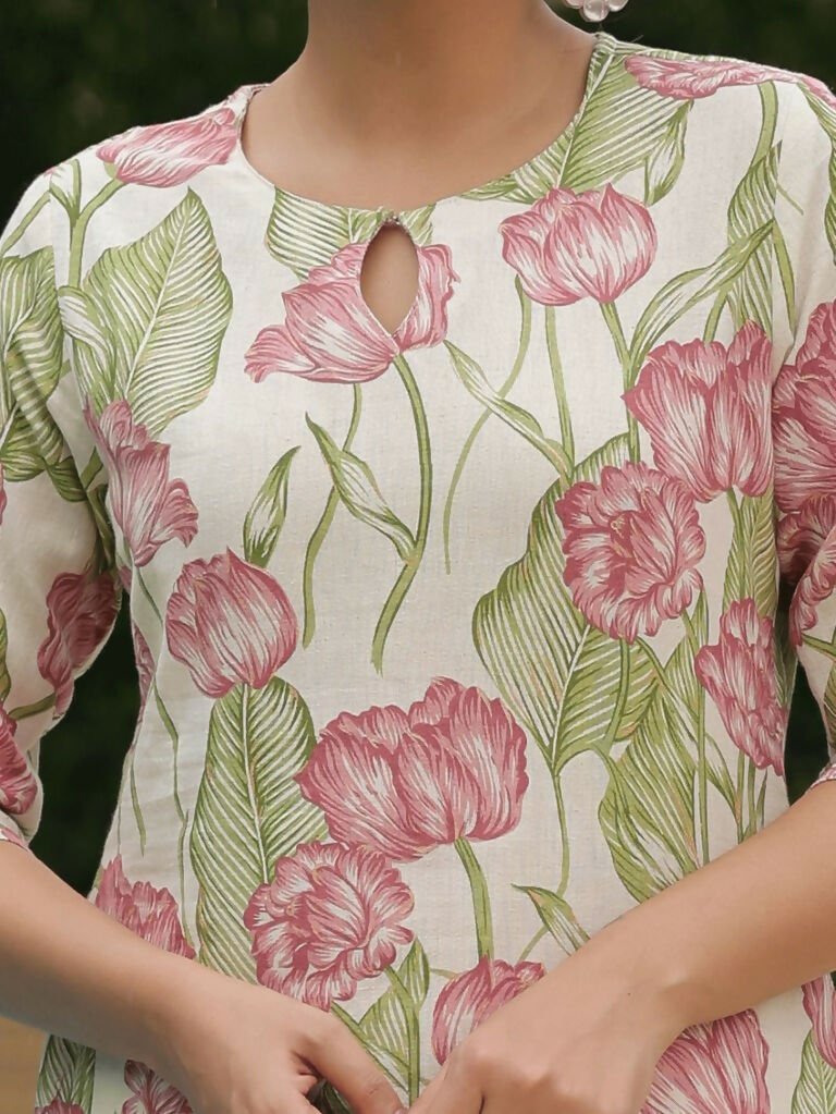 Aramya Straight Linen Cotton Floral Print Women's Kurta - Off White | Grocsy
