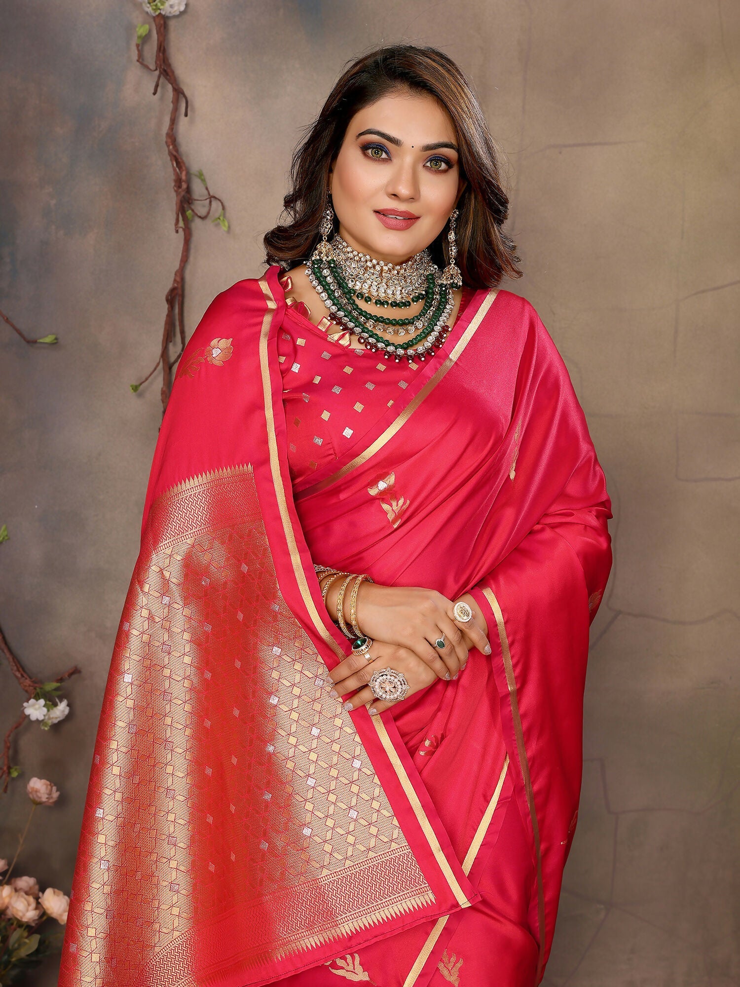 Joban Fashion  Brick Red Floral & Botanical Motifs Satin Silk Banarasi Silk Saree | Grocsy