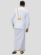 Ramraj Cotton Mens Poly Cotton 1" Gold Jari Dhoti With Towel Set - White | Grocsy