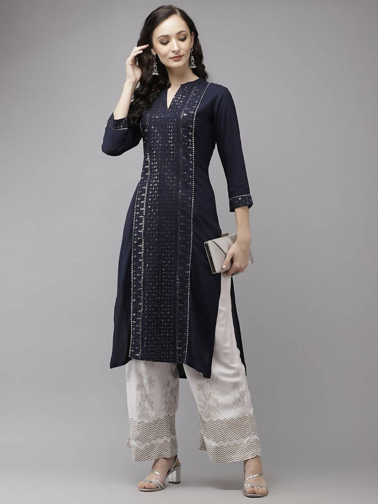 Yufta Women Navy Blue Regular Sequinned Kurta with Palazzo | Grocsy