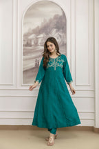 The52 Rama Women's Beautiful Vichitra Silk Fabric Embroidered Work Flared Anarkali Pant and Dupatta Set | Grocsy