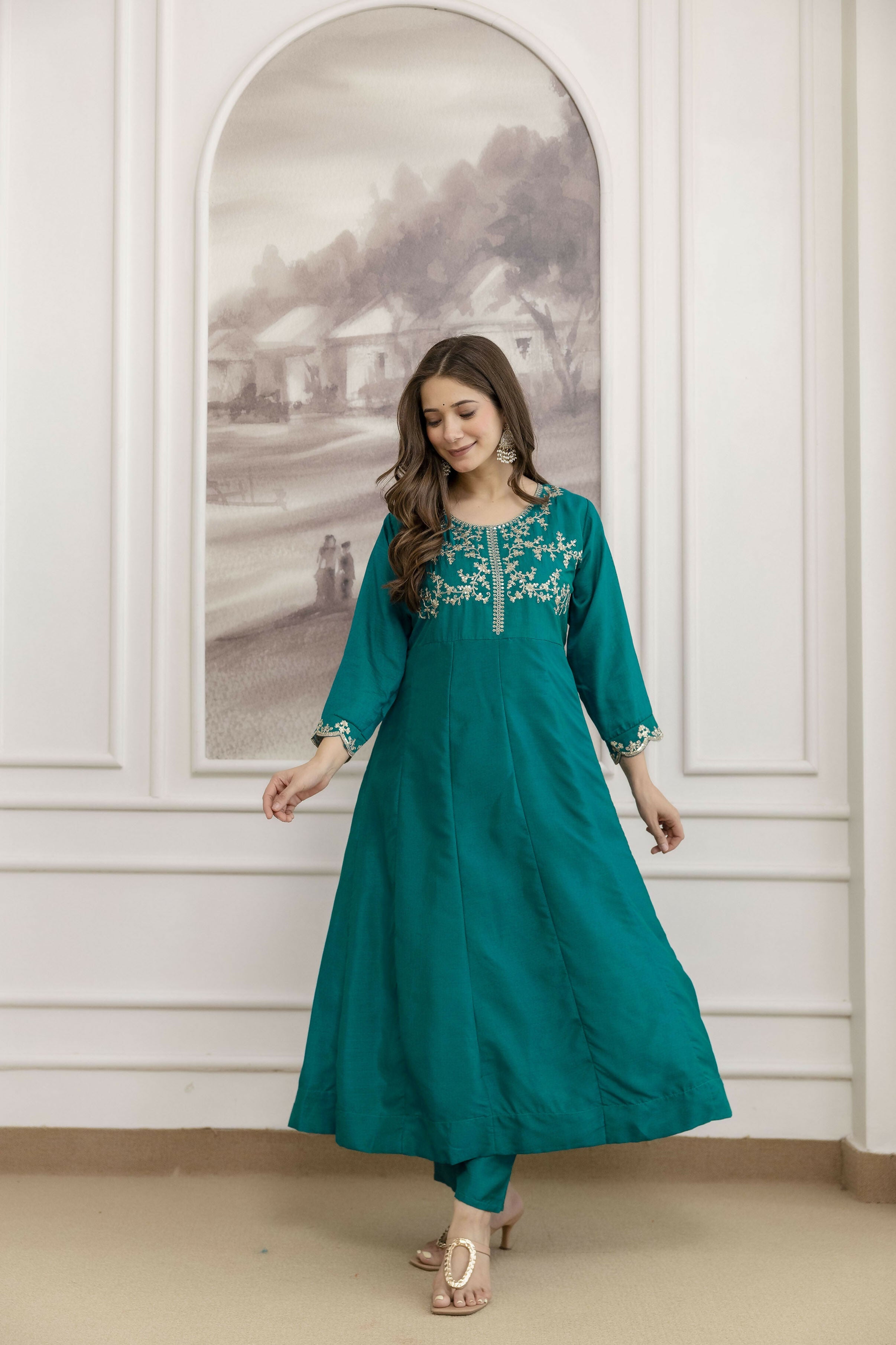 The52 Rama Women's Beautiful Vichitra Silk Fabric Embroidered Work Flared Anarkali Pant and Dupatta Set | Grocsy